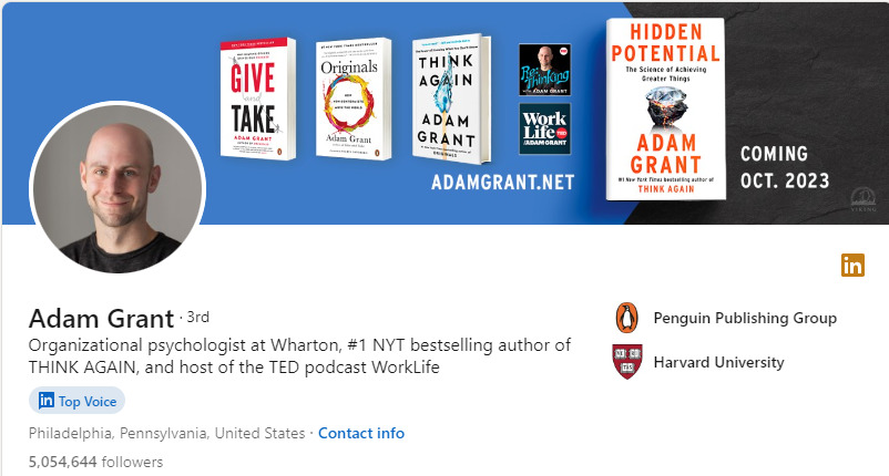 adam grant - top linkedin profile example with visual elements