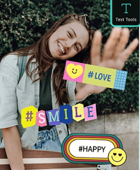 an overlay of love, smile, and happy texts on a photo