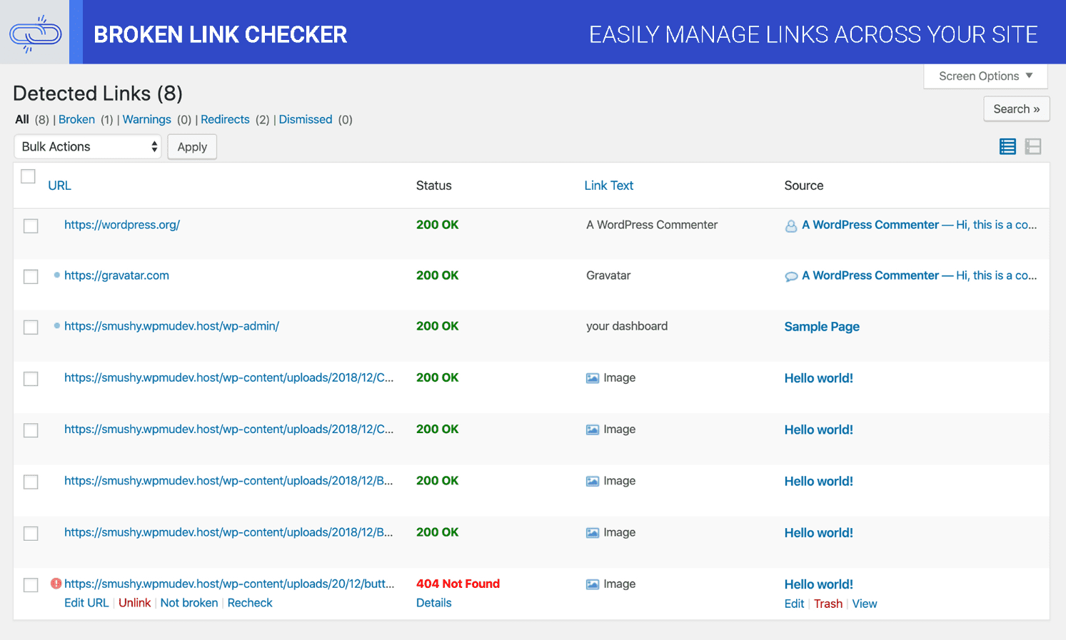 broken link checker links detected