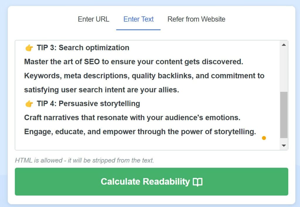 check readability of your text or url with  readability test by webfx