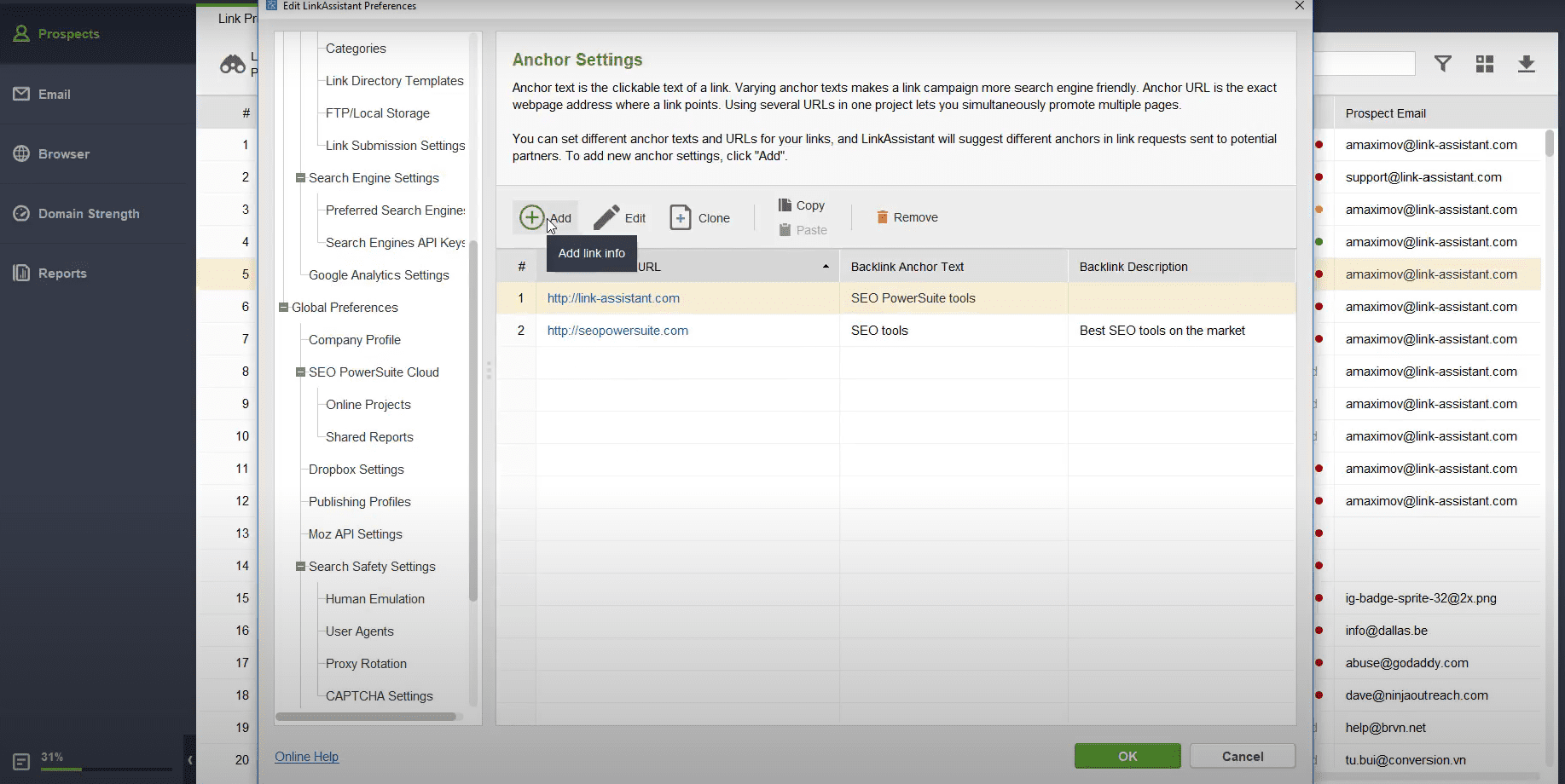 linkassistant anchor settings page